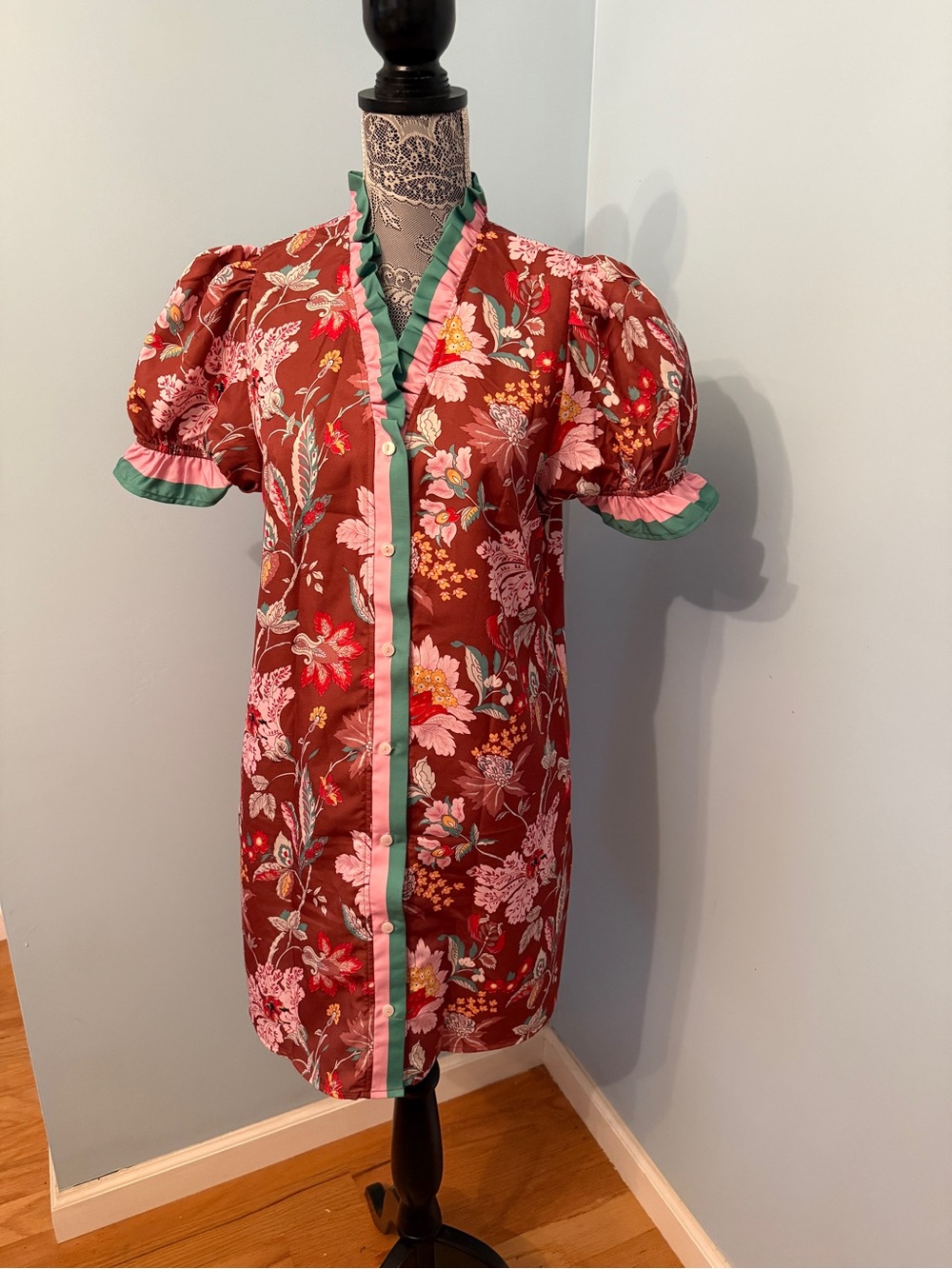 Floral Puff Sleeve Shift Dress in Red with Pink & Green Trim